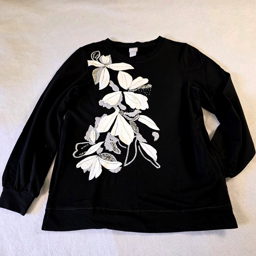Chicos Zenergy Black Floral Applique Sweatshirt Embroidered Cotton Top Size 0 S
